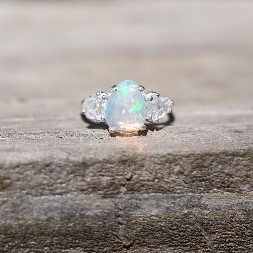 Engagement ring Opal and Lake County diamond ring, unique anniversary gift, size